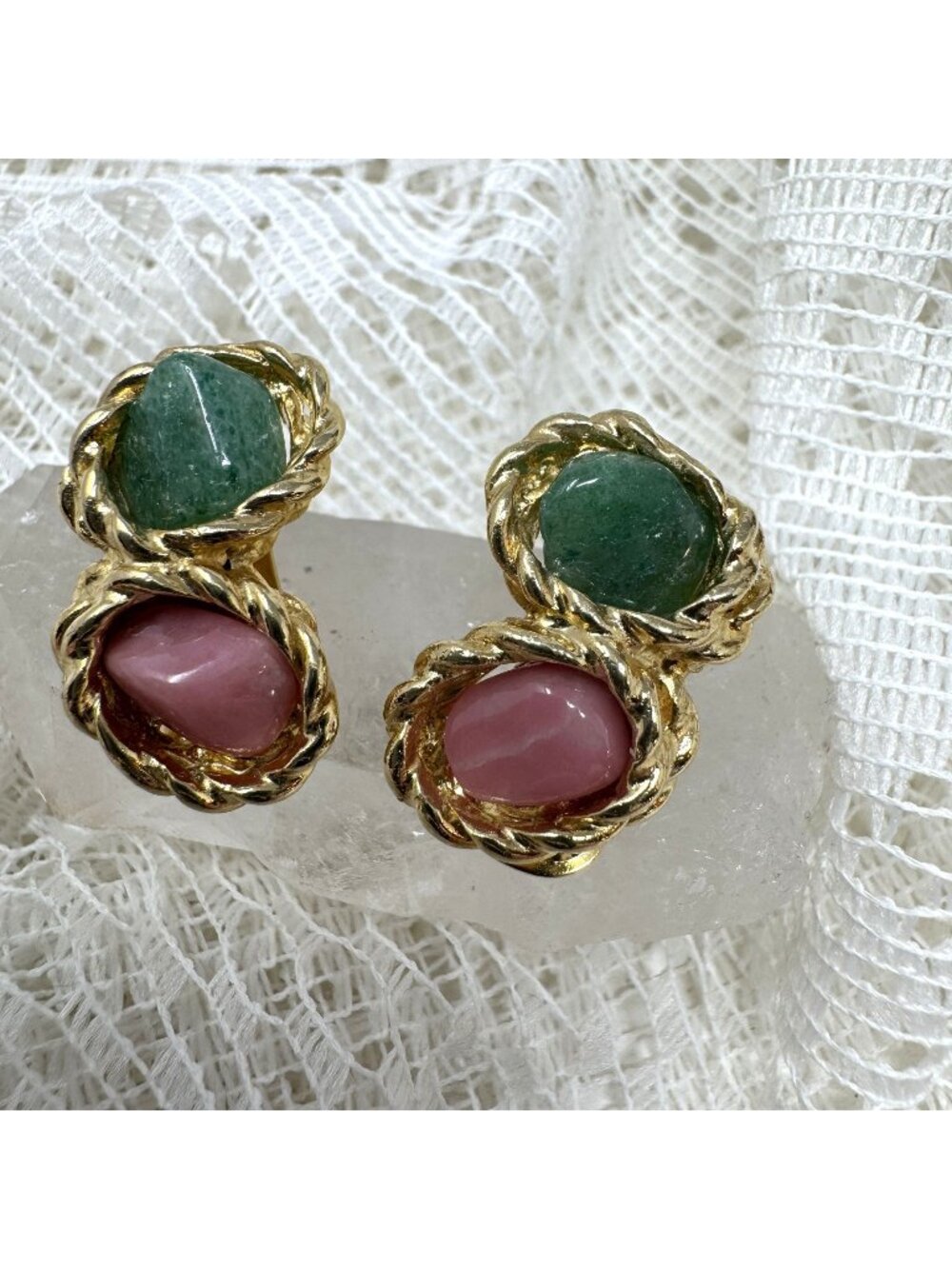 Vintage Swoboda Gold-Tone Clip-On Earrings W/ Pink & Green Stones Signed